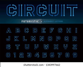 Vector of Circuit Alphabet Letters and numbers, Future Techno stylized fonts, Minimal Futuristic Bold Letters set for sci-fi, Technology, digital, Geometric, military.
