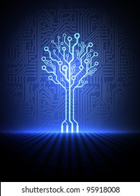 Vector circuit board background with blue  electronic tree