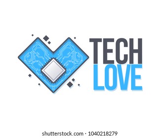 Vector circuit board background with heart. Technology concept template with an inscription Tech Love. Abstract electronic circuit board in shape of heart.