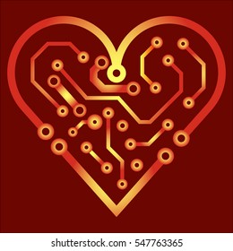 Vector circuit board background with heart. Valentine technology business card. Love background. Gold heart. Red wallpaper.
