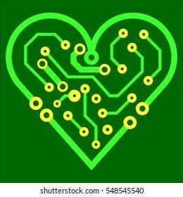 Vector circuit board background with heart. Valentine technology business card. Technical symbol