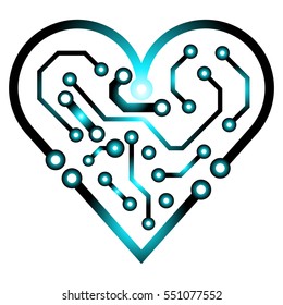 Vector circuit board background with heart. Valentine technology business card. Technical symbol