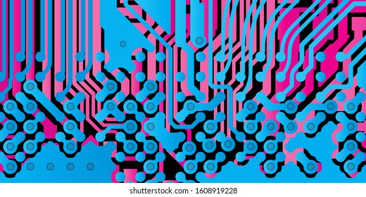 Vector circuit board Blue for layer top and Red for layer bottom on black background
