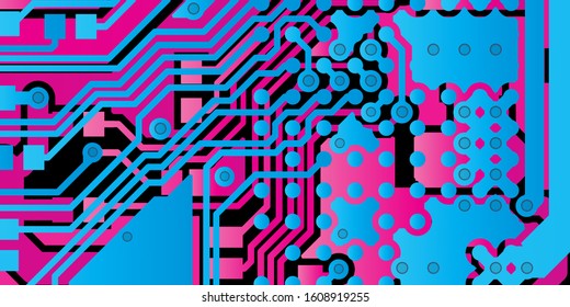 Vector circuit board Blue for layer top and Red for layer bottom on black background