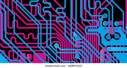 Vector circuit board Blue for layer top and Red for layer bottom on black background