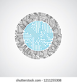 Vector circuit board circle, digital technologies abstraction. Blue computer microprocessor scheme, futuristic design.