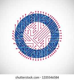 Vector circuit board circle, digital technologies abstraction. Blue and red computer microprocessor scheme, futuristic design.