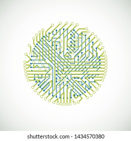 Vector circuit board circle, digital technologies abstraction. Green and blue computer microprocessor scheme, futuristic design.