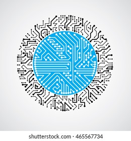 Vector circuit board circle, digital technologies abstraction. Blue computer microprocessor scheme, futuristic design.