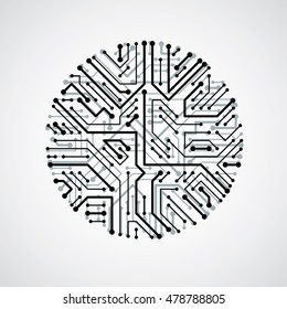 Vector circuit board circle, digital technologies abstraction. Black and white computer microprocessor scheme, futuristic design.