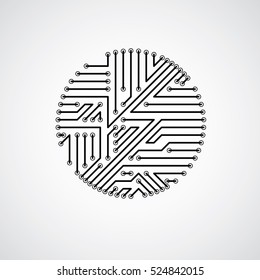 Vector circuit board circle, digital technologies abstraction. Black and white computer microprocessor scheme, futuristic design.