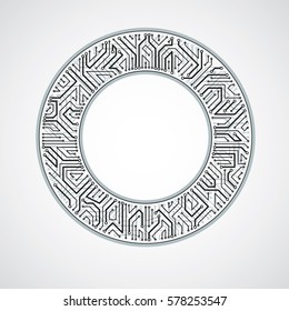 Vector circuit board circle, digital technologies abstraction. Black and white computer microprocessor scheme, futuristic design.