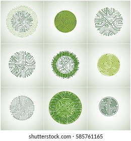 Vector circuit board circles, digital technologies abstractions. Set of green computer microprocessor schemes with arrows, futuristic designs collection.