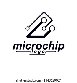 Vector circuit board with electronic components of technology device. Computer motherboard cybernetic abstraction, microchip logo.

