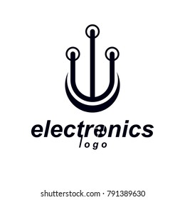 Vector circuit board with electronic components of technology device. Computer motherboard cybernetic abstraction, microchip logo.