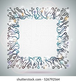 Vector circuit board frame lighting holiday background.