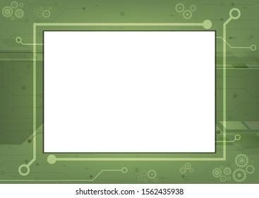 Vector circuit board and gear with white blank space on green background for frame technology background