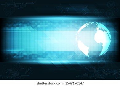 Vector circuit board with gear and world on vintage dark blue background for technology communication concept.