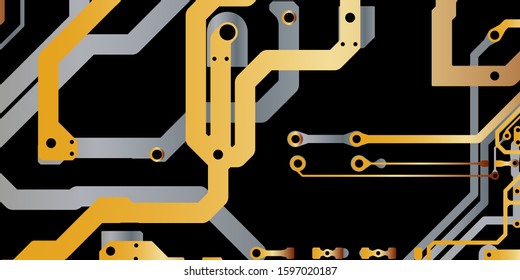 Vector circuit board Gold for layer top and Grey for layer bottom on black background