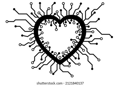 Vector circuit board with heart shape pattern on a white screen for background technology