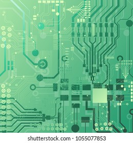 Vector circuit board illustration. Abstract technology. Microchip on a green background.