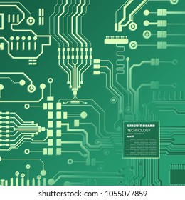Vector circuit board illustration. Abstract technology. Microchip on a green background.