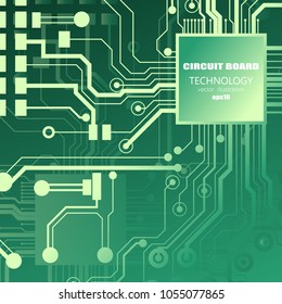 Vector circuit board illustration. Abstract technology. Microchip on a green background.