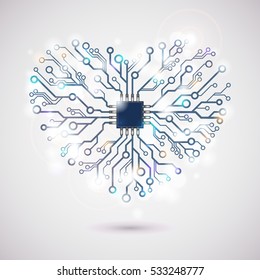 Vector circuit board  lighting tech heart. Valentines background. Creative thinking concept. eps10.