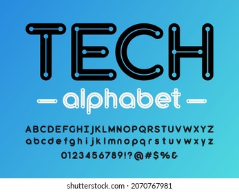 Vector of circuit board line dots alphabet design with uppercase, lowercase, numbers and symbols
