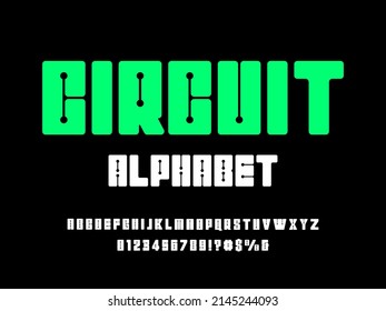 Vector of circuit board line dots alphabet design with uppercase, numbers and symbols