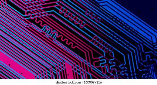 Vector circuit board Red for layer top and Blue for layer bottom on black background