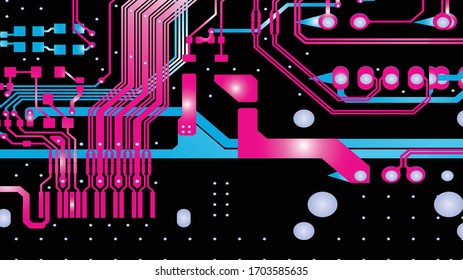 Vector circuit board, red for layer top and Blue for layer bottom on black background.