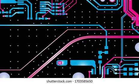 Vector circuit board, red for layer top and Blue for layer bottom on black background.