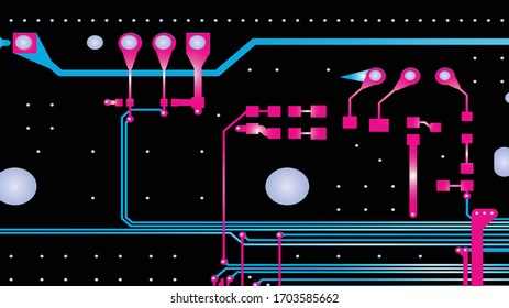 Vector circuit board, red for layer top and Blue for layer bottom on black background.