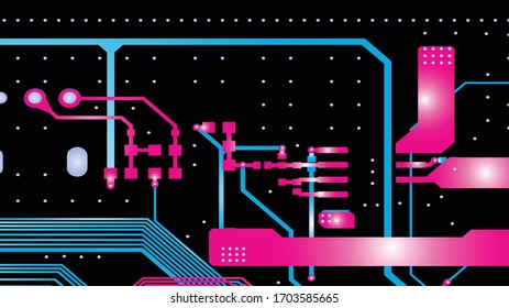 Vector circuit board, red for layer top and Blue for layer bottom on black background.