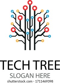 Vector circuit board tree. Abstract technology tree icon. Digital tech tree logo. 