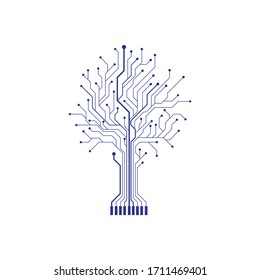 Vector circuit board tree. Abstract technology tree icon. Digital tech tree logo. 