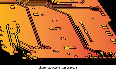 Tarjeta de circuito del vector naranja amarillo sobre fondo negro.eps10