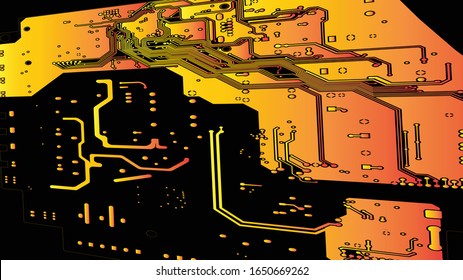 Tarjeta de circuito del vector naranja amarillo sobre fondo negro.eps10