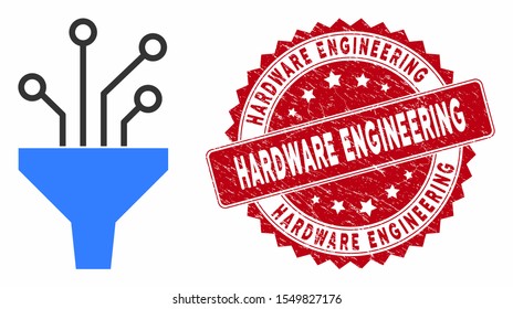 Vector circuit filter icon and rubber round stamp seal with Hardware Engineering caption. Flat circuit filter icon is isolated on a white background.