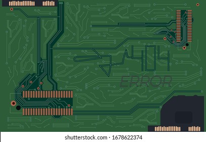 Vector circuitry electric 404 error background, colorful green banner, technology graphic backdrop template.