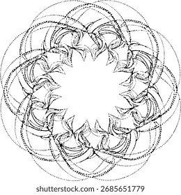 Vector circular abstract dotted swirl engraving ornament inspired by optical mandala style, intricate decorative frame design