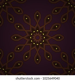 Vector circular abstract floral mandalas in brown and orange colors. Round seamless pattern ornament with intertwined branches, flowers and curls. Arabesque.