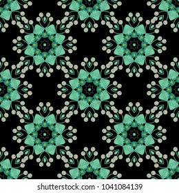 Vector circular abstract floral mandalas in green, black and gray colors. Round seamless pattern ornament with intertwined branches, flowers and curls. Arabesque.