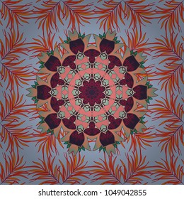 Vector circular abstract mandalas pattern. Arabesque. Colored Mandala on a red, orange and neutral baqckground. Round ornament with intertwined branches, flowers and curls.