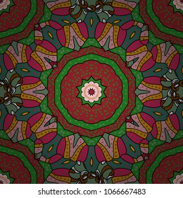 Vector circular abstract mandalas pattern. Arabesque. Colored Mandala on a green, red, black, neutral and magenta baqckground. Round ornament with intertwined branches, flowers and curls.