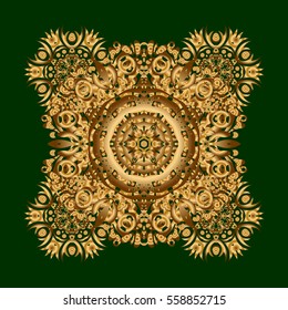 Vector circular abstract mandalas pattern. Golden Mandala on a green baqckground. Round ornament with intertwined branches, flowers and curls. Arabesque.
