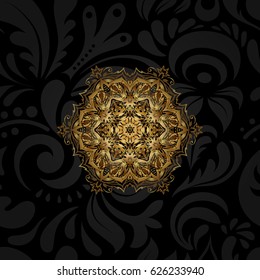 Vector circular abstract mandalas pattern. Round ornament with intertwined branches, flowers and curls. Arabesque. Golden Mandala on a black background.