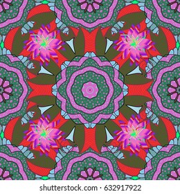 Vector circular abstract mandalas pattern. Arabesque. Colored Mandala on a blue baqckground. Round ornament with intertwined branches, flowers and curls.