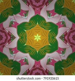 Vector circular abstract mandalas pattern. Arabesque. Colored Mandala on a green, pink and neutral baqckground. Round ornament with intertwined branches, flowers and curls.